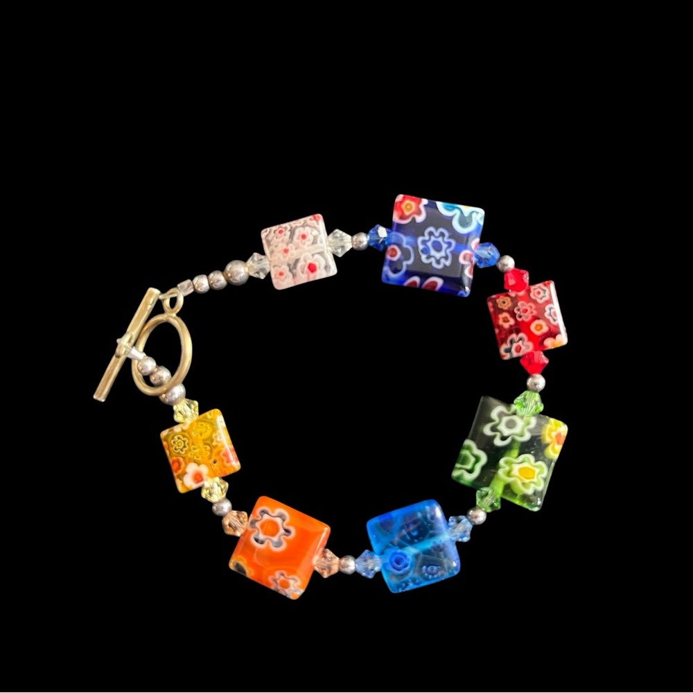 Millefiori Multi-Color Venetian Glass Bead Bracelet with Sterling Silver Clasp